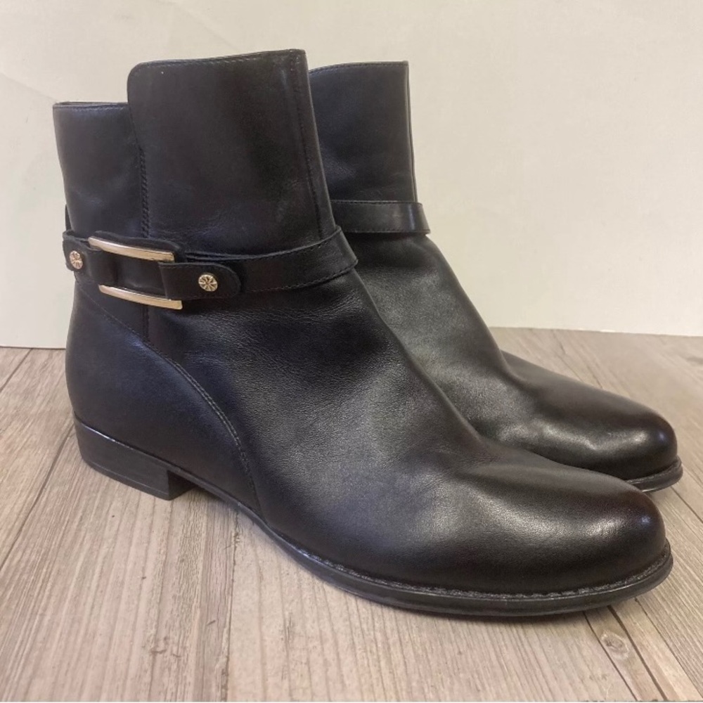 Isaac Mizrahi Tinker Women's Sz 8.5 Black Leather Gold Buckle /Studs Ankle Boot